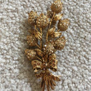 Rose Flower Broach Pin Rhinestone Gold Tone
